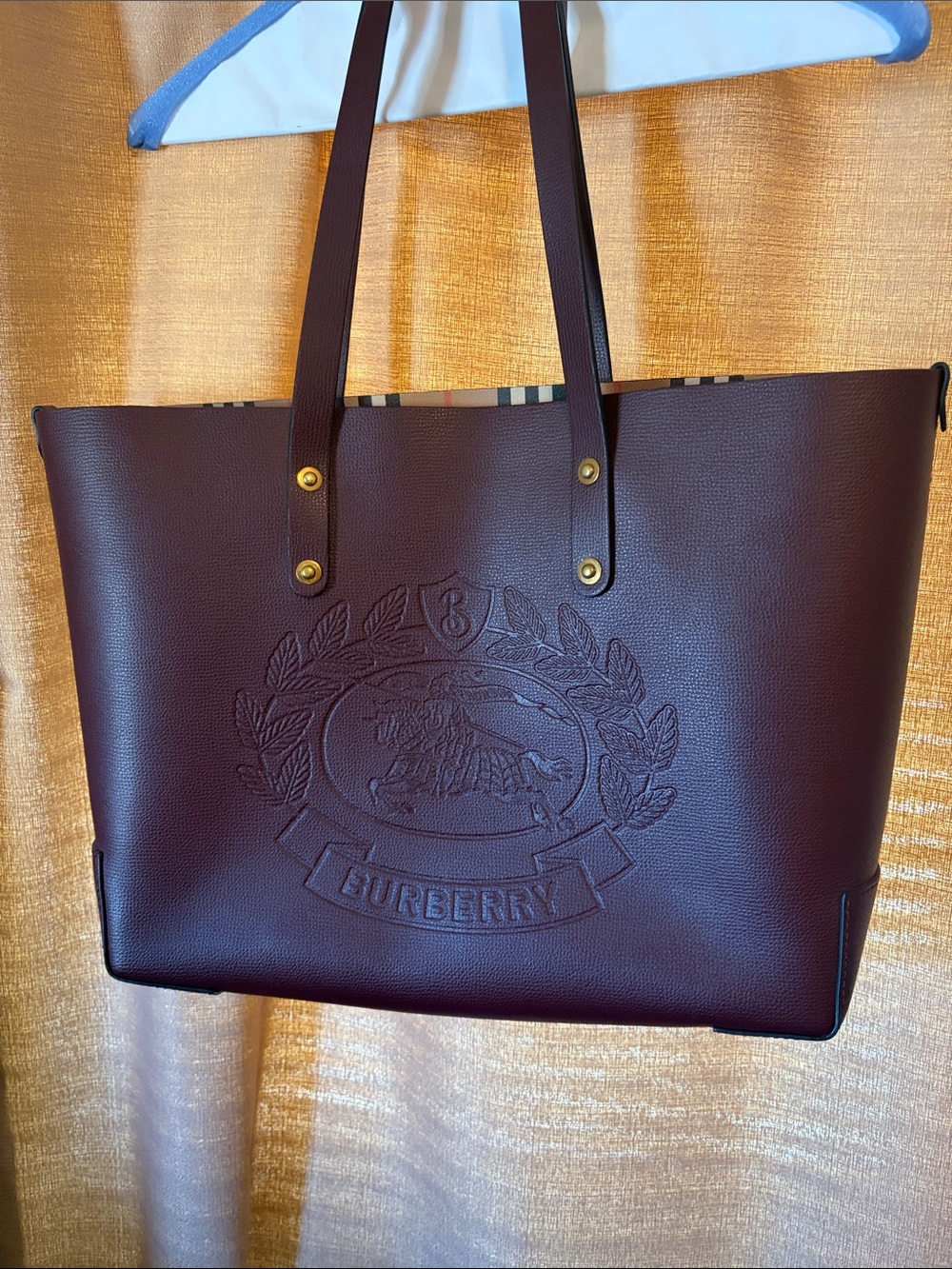EUC Burberry Burgundy Leather Embossed Crest Tote